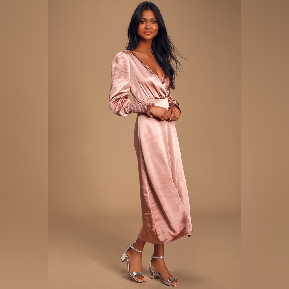 NWT Lulus Exclusive!Elegant Mauve Metallic Pink Satin,Backless Dress, Size XS